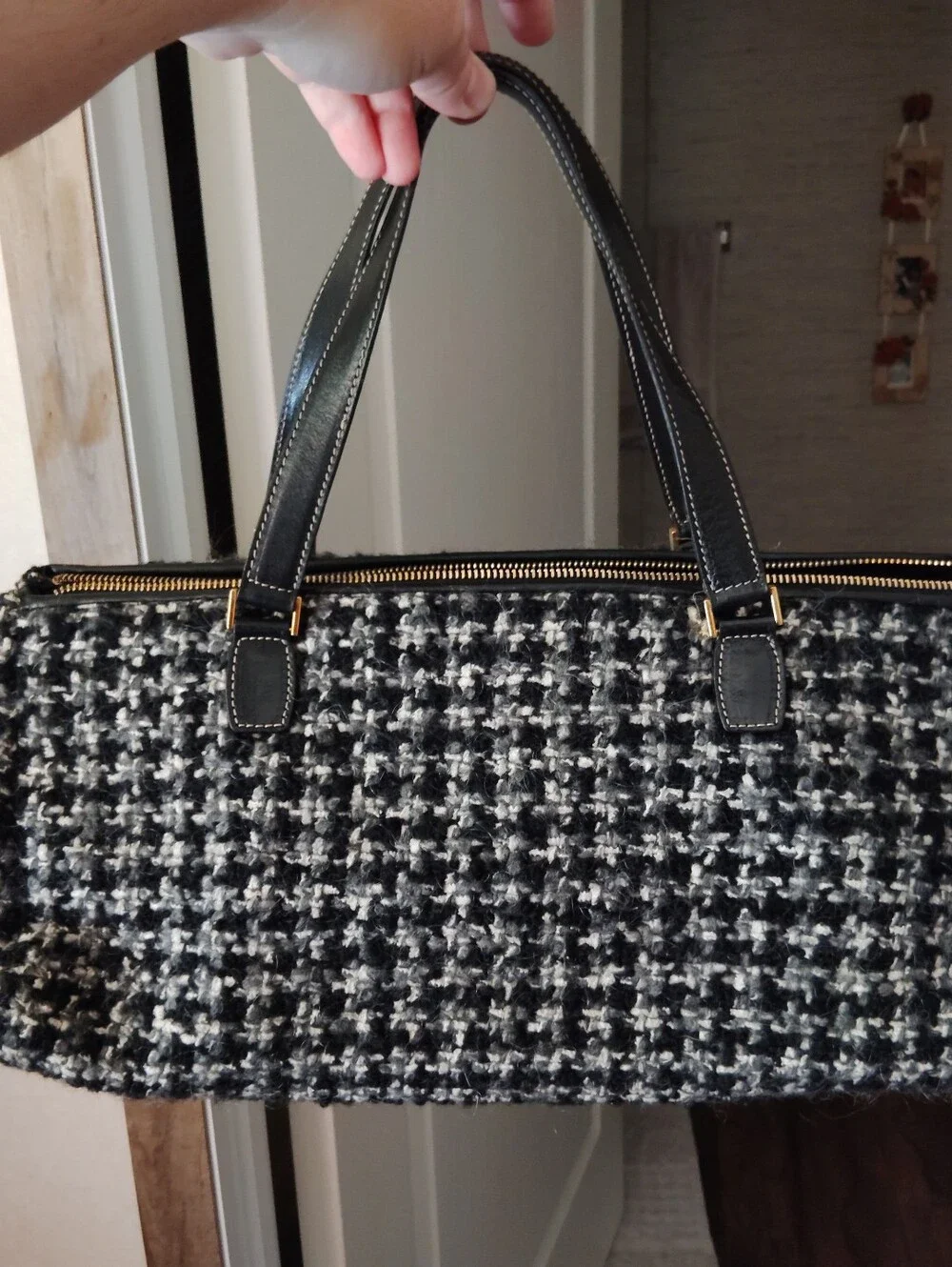 Authentic Kate Spade $350 Boucle Tweed Black & Gray Satchel Handbag